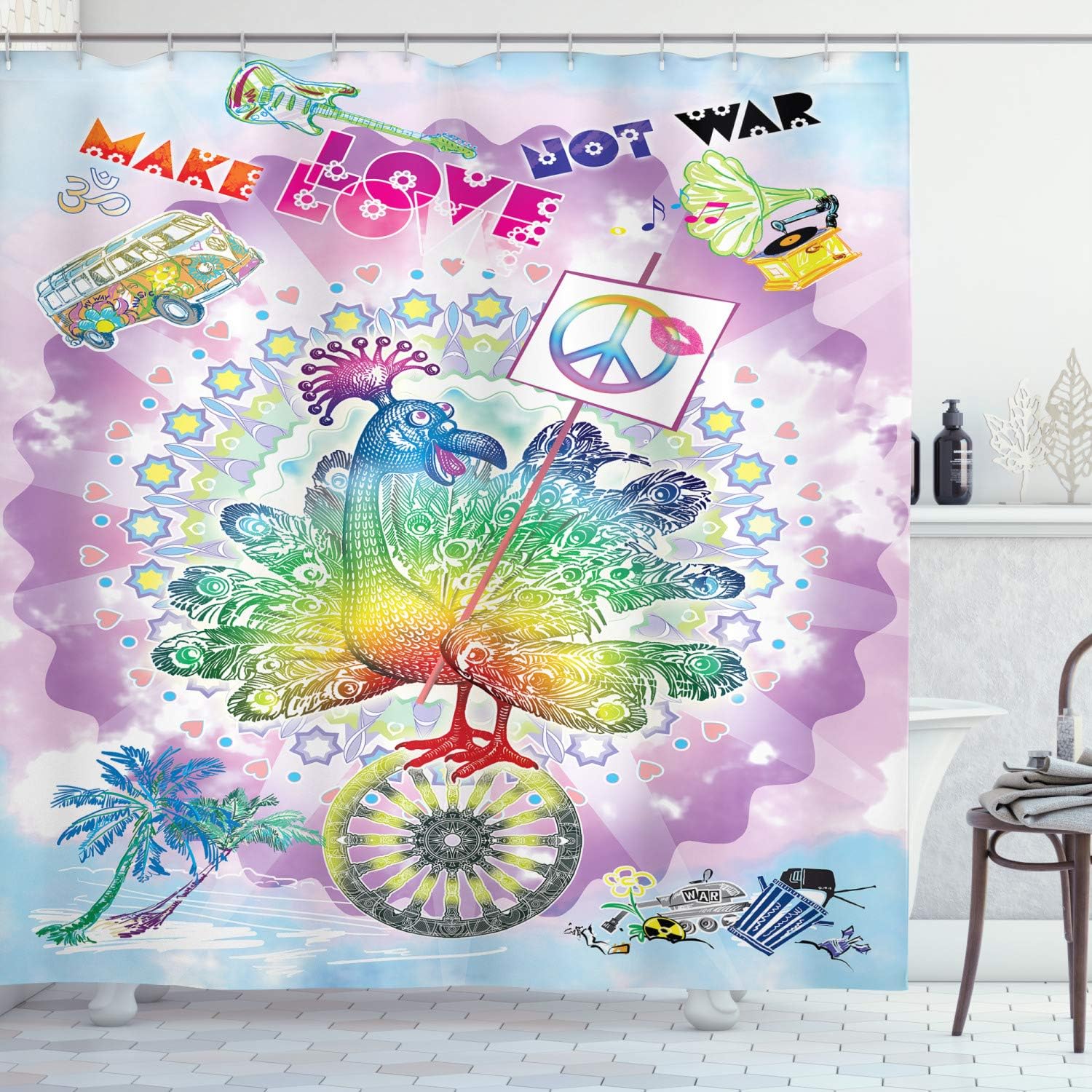 Amazon Com Ambesonne Hippie Shower Curtain Funny Peacock With Make Love Not War Quote Hippie Flower Children Peace Theme Fabric Bathroom Decor Set With Hooks 70 Inches Multicolor Home Kitchen