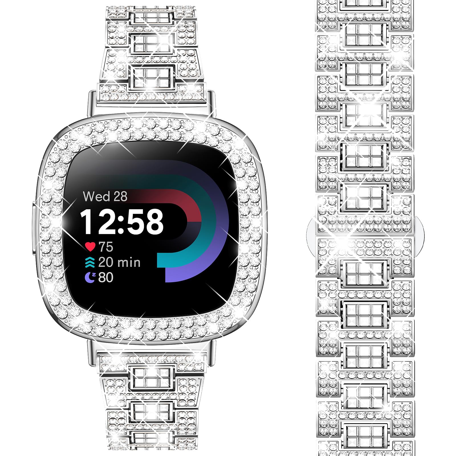Dsytom Bling Stylish Watch Band Compatible with Fitbit Versa 4/Fitbit Sense 2/Fitbit Versa 3/Fitbit Sense, Cute Watch Strap with Rhinestone Protective Case Cover for Women