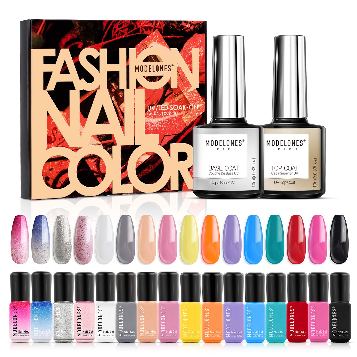 Modelones Gel Nail Polish, 16 PCS 6 ML Summer Yellow Green White Blue Red Color Change Gel Nail Polish Set, with 2 PCS 10ml No Wipe Gel Top and Base Coat, Soak Off Gel Polish Starter Kit for Home Use : Beauty