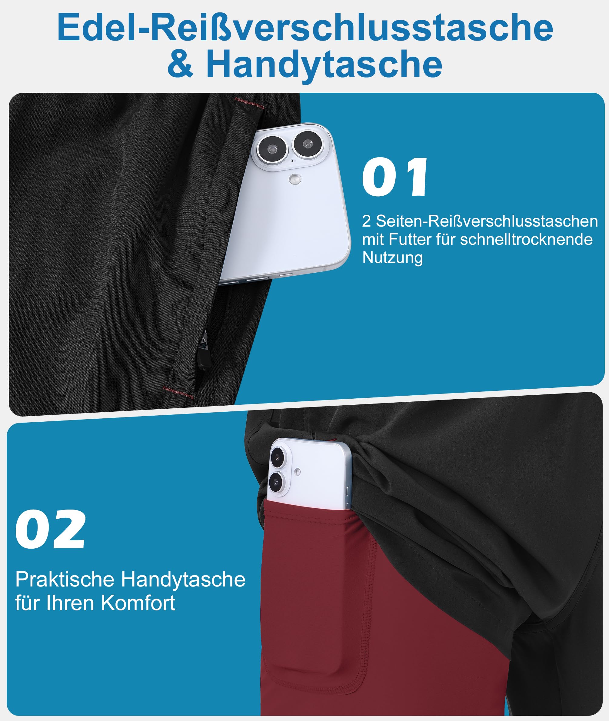 Zoofly Schwimmhose Herren mit Taschen Gym Shorts Zipper Pockets Boardshorts für Männer Atmungsaktive Badehose Mann mit Tunnelzug Schwarz L 4
