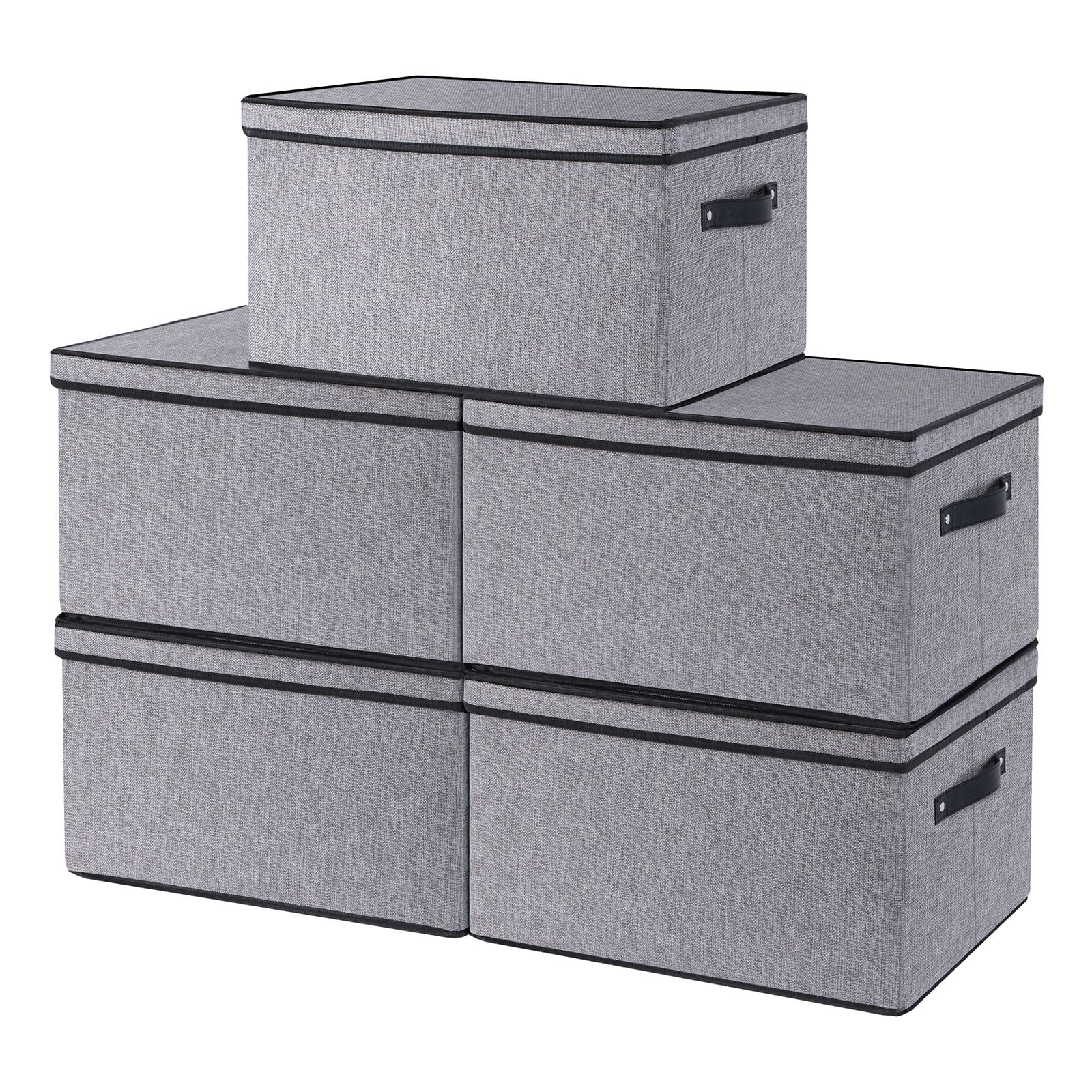 YheenLf Storage Boxes with Lids, Shelf bins with Handles, Foldable Cube Organizer Basket for Organizing, Linens Clothes, Shelves Organiser, Gray, 5-Pack, 33×23×18 cm