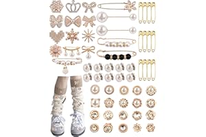 YAWLSOW 60 Pcs Charms for Socks Shoe, Gold Brooches and Pins for Women, DIY Junk Sock Jewelry Pearl Brooch Shoe Charms Kit for Clothes Sneakers Bulk Bling Button Pins for Hat Scarf Decoration