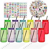 Paoren 16oz Acrylic Mason Jars Cups, 12 Pack Can shaped Plastic Cups with Lids and Straws, Iced Coffee Cup Cute Drinking Glass Unbreakable Tumbler for Whiskey, Soda, Iced Tea, Colored