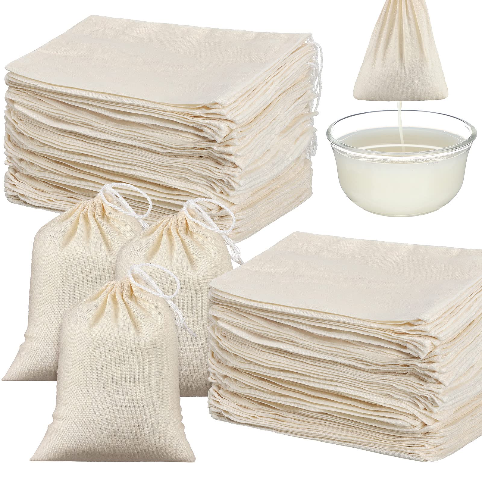 Photo 1 of 100 Pieces Cheesecloth Bags for Straining Reusable Tea Filter Muslin Bags Cold Brew Milk Tea Filter Strainer Cheese Clothes Cheese Clothbags for Office Kitchen Cooking(4 x 6 Inch)