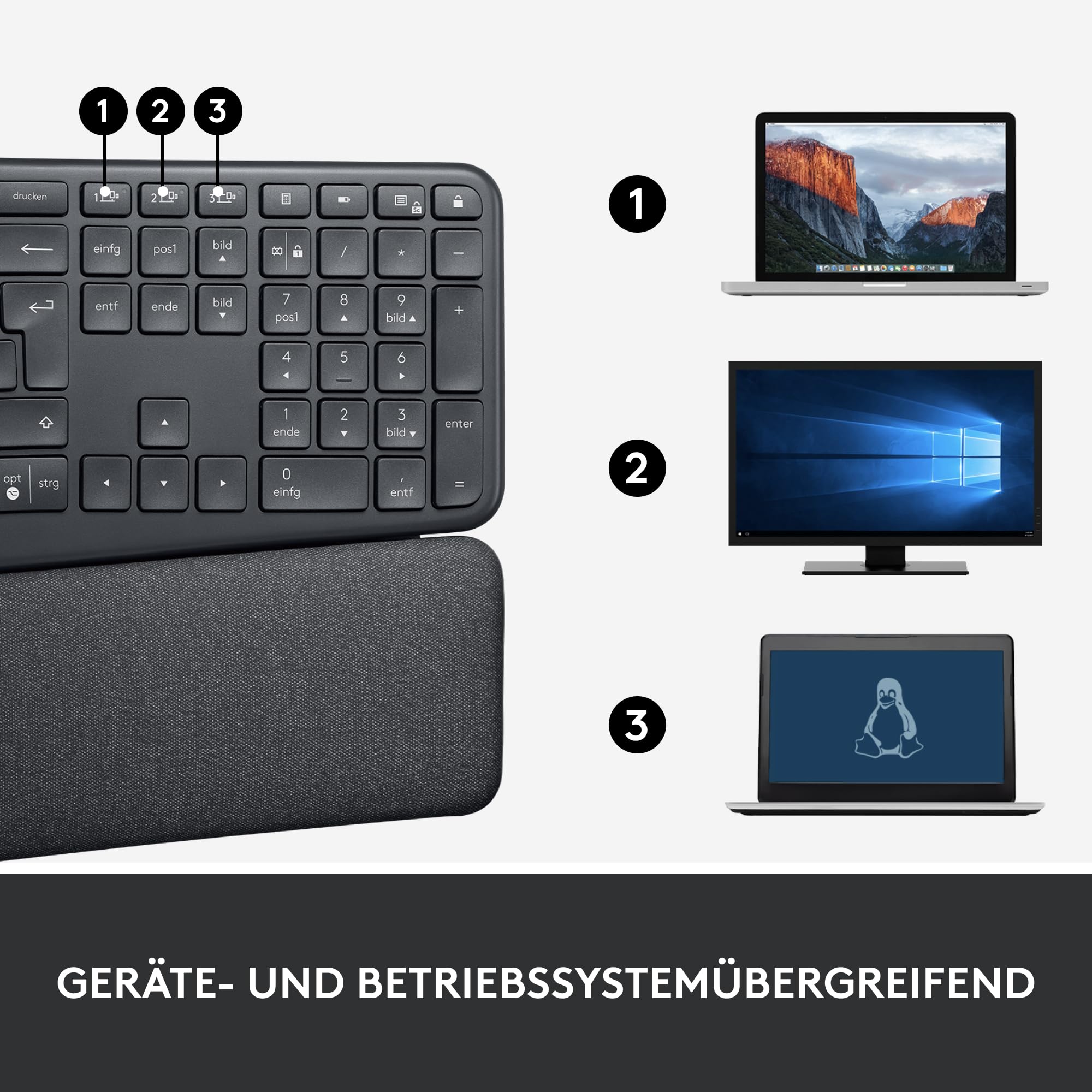 Logitech ERGO K860 - Wireless ergonomic keyboard with split buttons, wristwear and support for natural tap - Windows / Mac, Bluetooth, USB receiver, QWERTZ layout graphite
