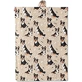 ICAAV Australian Shepherd Flannel Blanket 50x60in,Cute Aussie Dogs with Bones and Paw Prints on Beige,Soft Lightweight Throw for Dog Lovers,Women,Kids,Pet Decor Gifts Blankets