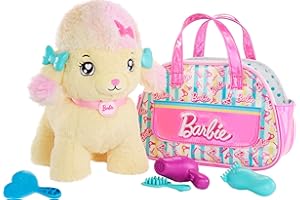 Mattel Barbie Plush Toy Playset, Hairdresser Poodle Stuffed Animal with Lights & Sounds, Plus Themed Purse & 6 Accessories, Salon Pet Adventure