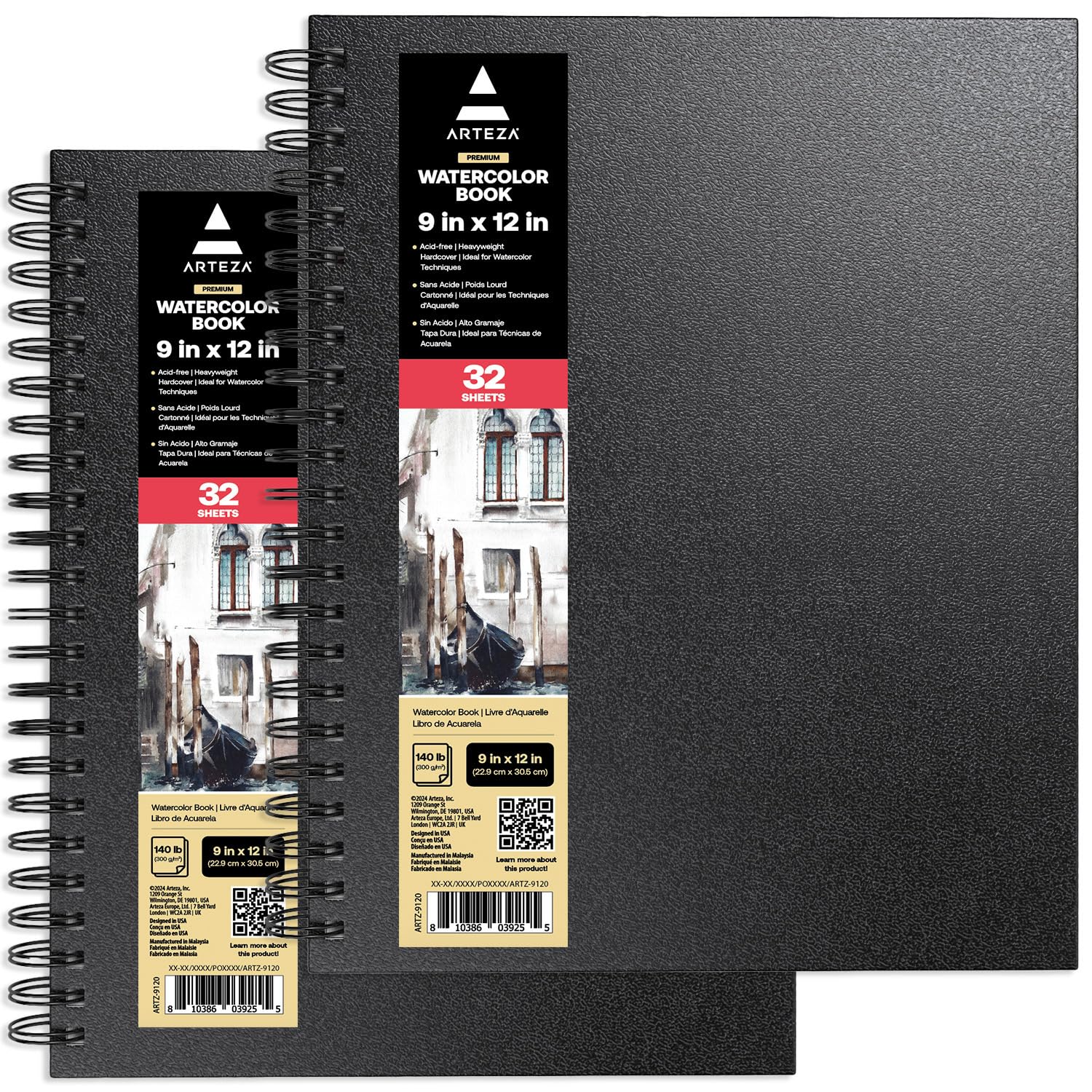 Arteza Premium Watercolour Sketchbook, 22.9x30.5 cm, 2 Pack, 64 Sheets, 300gsm Watercolour Paper Pad, Black Hardcover Journal, Spiral Bound, Art Supplies for Watercolour Techniques and Mixed Media