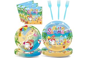 WIOOFFEN 96 Pcs Hello Summer Beach Party Plates Napkins Tableware Set End of School Year Pool Party Birthday Supplies Disposable Dinnerware School's Out Gnome Themed Decoration Favors for Kids, 24 Guests