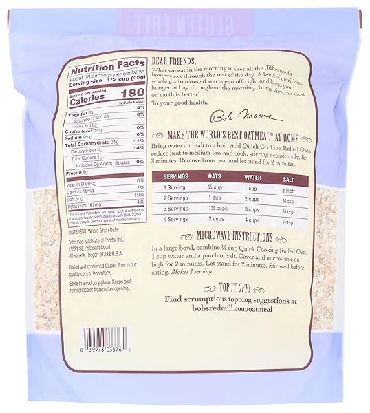 BOB’S RED MILL GLUTEN FREE QUICK COOKING ROLLED OATS, 28 OZ (PACK OF 1) – GLUTEN FREE, NON-GMO, VEGAN, WHOLE GRAIN, KOSHER