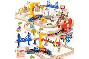 94pcs Wooden Train Set, Modern City Railway Track Train Toys for Kids with Bridge, Tunnel, Crane, Town Buildings, Compatible 