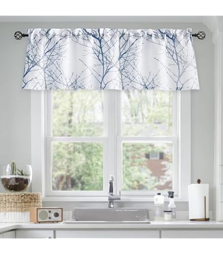 Cantonnière Décorative Feuilles Vertes Aquarelle - Faux Lin, 132x48 Cm, Tamisage Lumière - Pour Cuisine, Salon, Salle De Bain