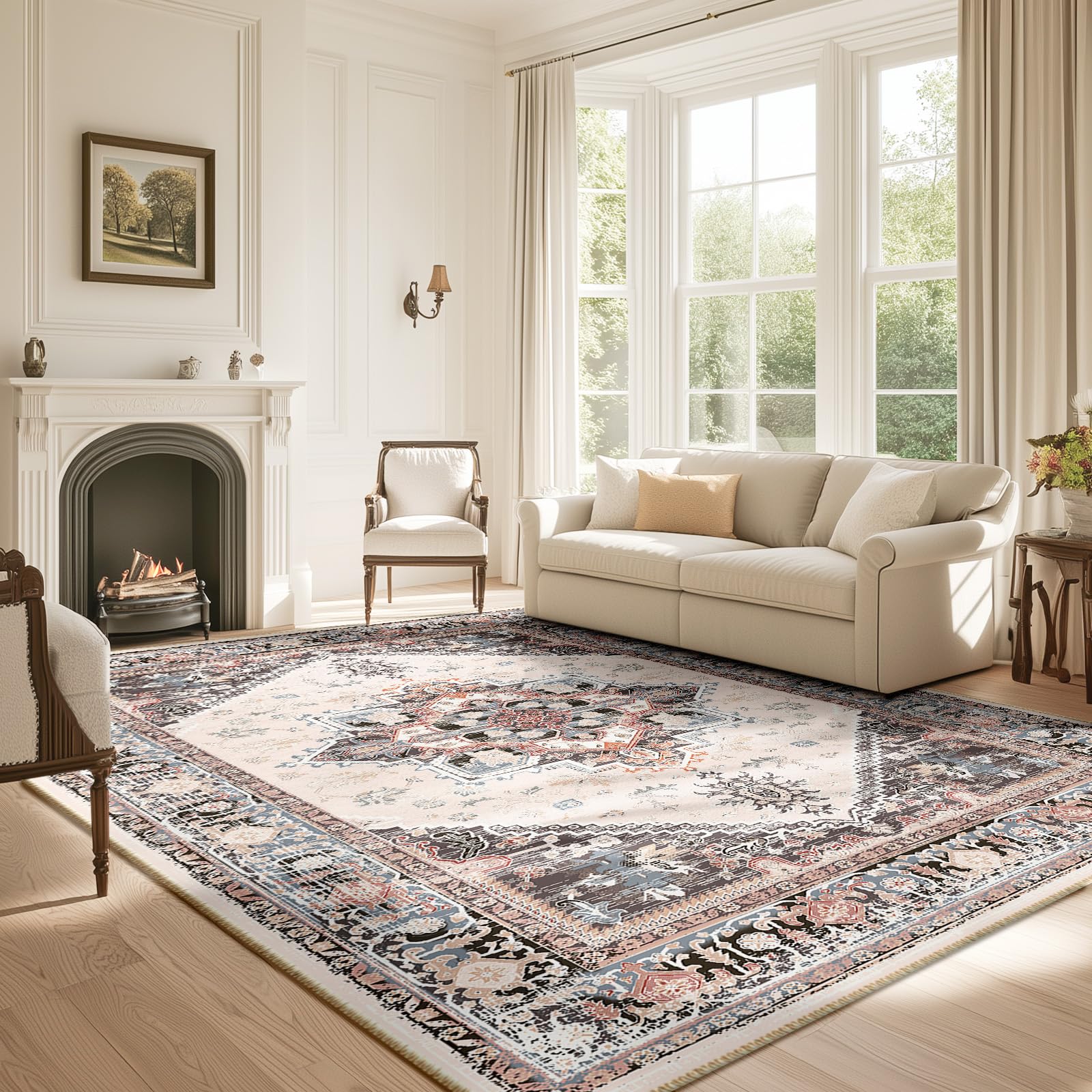 Photo 1 of BESTSWEETIE 6x9 Area Rugs for Living Room Washable Non Slip Carpet Low Pile Soft Vintage Print Pattern Rug for Bedroom Dining Room Kitchen Entryway Indoor-Khaki/Beige/Purple/Black/Brick