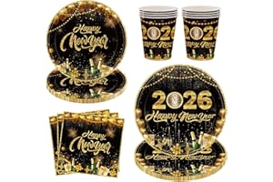 96Pcs New Year Tableware New Year Party Decorations Black Gold New Year's Dinnerware Plates Napkins Cups 2026 Disposable Tabl