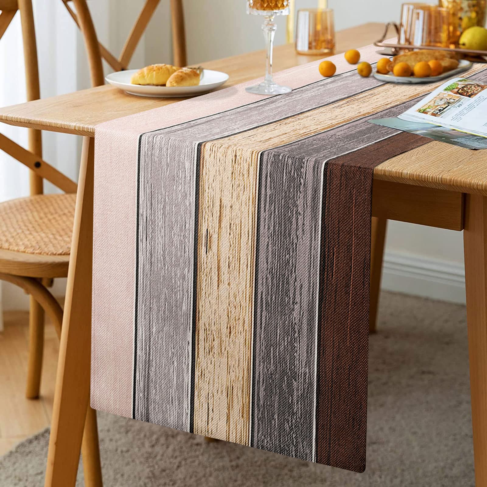 Modern Table Runner Spring Summer Wooden Table with Wood Grain Decoration for Dining Room Family Dinners Holidays Summer Parties 33 x 183 cm (Brown Gradient Grey Beige)