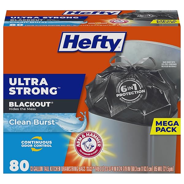 HEFTY ULTRA STRONG 13 GALLON TRASH BAGS, BLACK TALL KITCHEN TRASH BAGS 13 GALLON SIZE, BREAK RESISTANT DRAWSTRING ENCLOSURE, CONTINUOUS ODOR CONTROL, BLACKOUT, CLEAN BURST SCENT, 80 BAGS