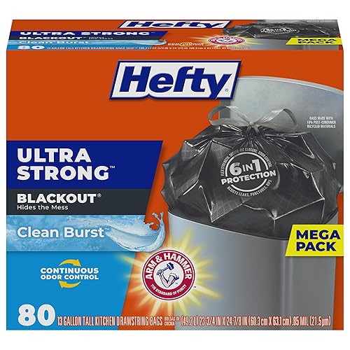 Hefty Ultra Strong 13 Gallon Trash Bags, Black Tall Kitchen Trash Bags 13 Gallon Size, Break Resistant Drawstring Enclosure, Continuous Odor Control, Blackout, Clean Burst Scent, 80 Bags