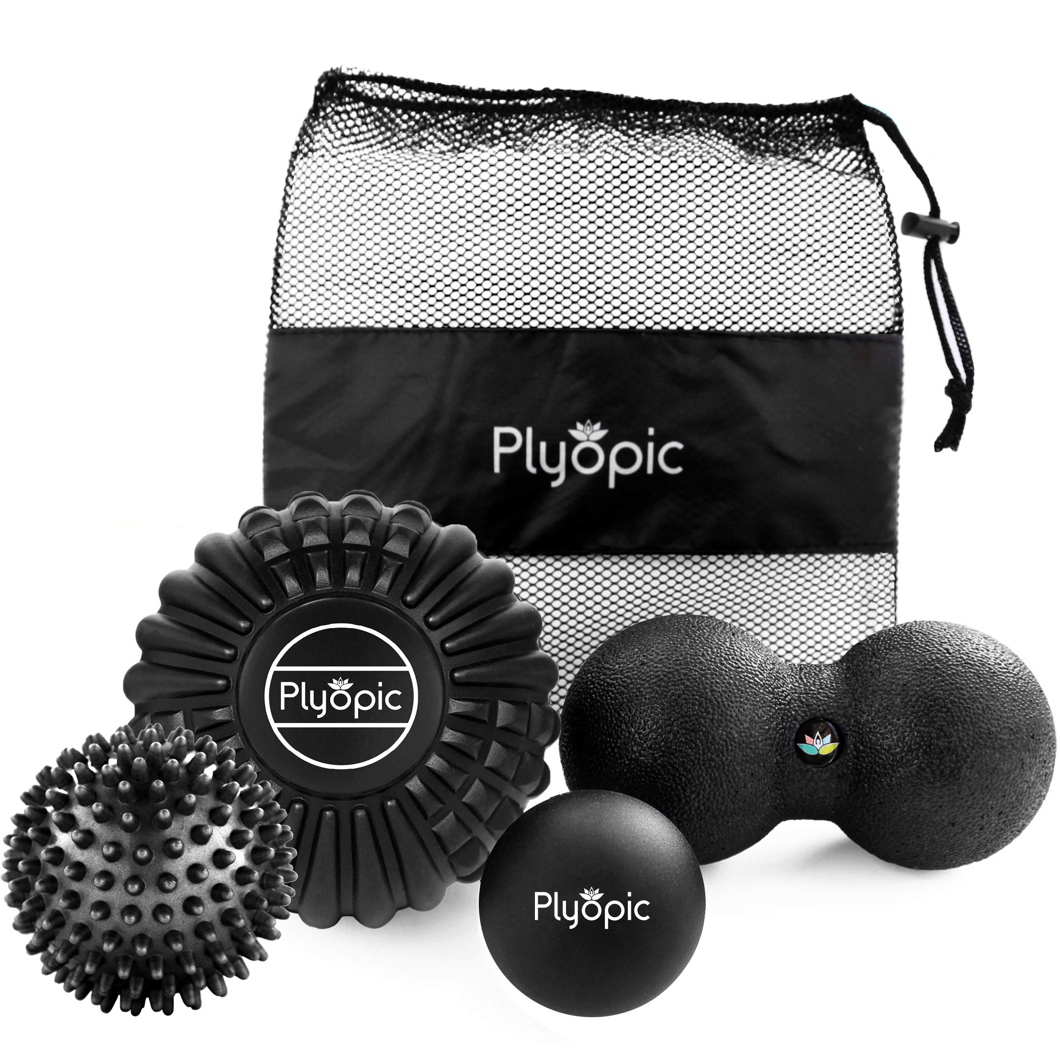 Plyopic Deep Tissue Massage Ball Set – Set of 4: Lacrosse, Spiky, Peanut and 12cm Foam Roller Massager Balls | for Muscle Pain, Mobility Therapy, Myofascial Release and Trigger Point Relief