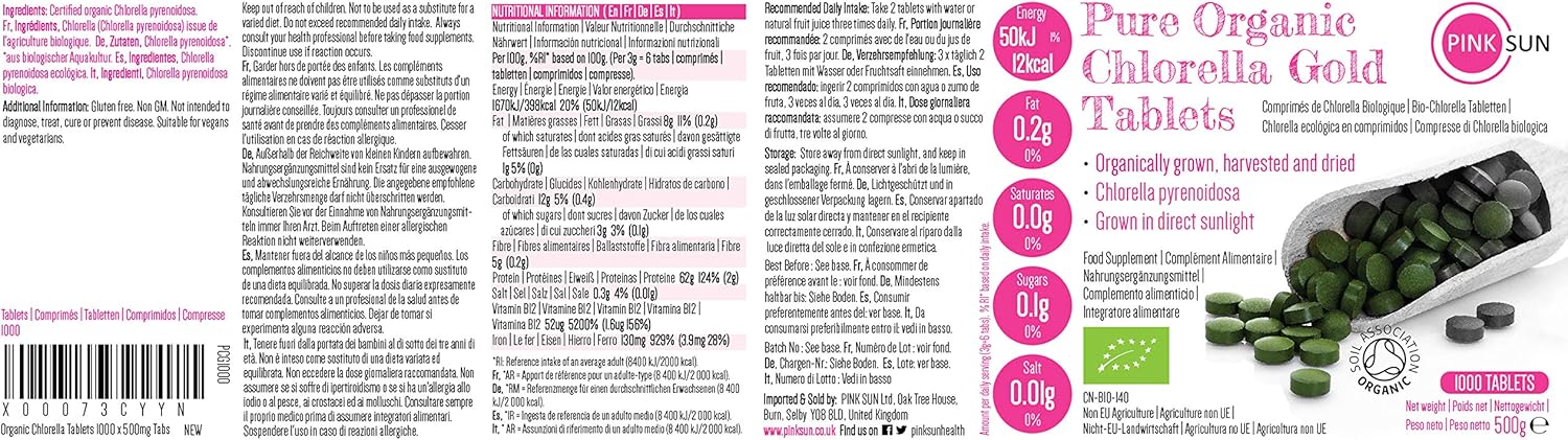 PINK SUN Organic Chlorella Tablets 500mg x 1000 Tabs Pyrenoidosa Broken Cell Wall Cracked Gluten Free Non GMO Vegetarian Vegan Certified Organic by The Soil Association 500g Bulk Buy - Image 5