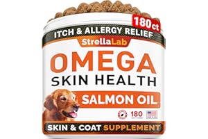 StrellaLab Omega 3 for Dogs - (180Ct) Fish Oil Treats - Allergy & Itch Relief Skin & Coat Supplement - Dry Itchy Skin, Anti Shedding & Hot Spots Treatment - Pet Salmon Oil Chews - Chicken Flavor