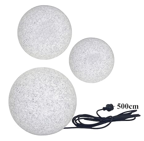 Trango 3er Set IP65 Gartenkugel 20/30/40 ? cm in Granit-Optik mit je 5 Meter Zuleitungskabel & E27 Fassung Kugelleuchte Kugel