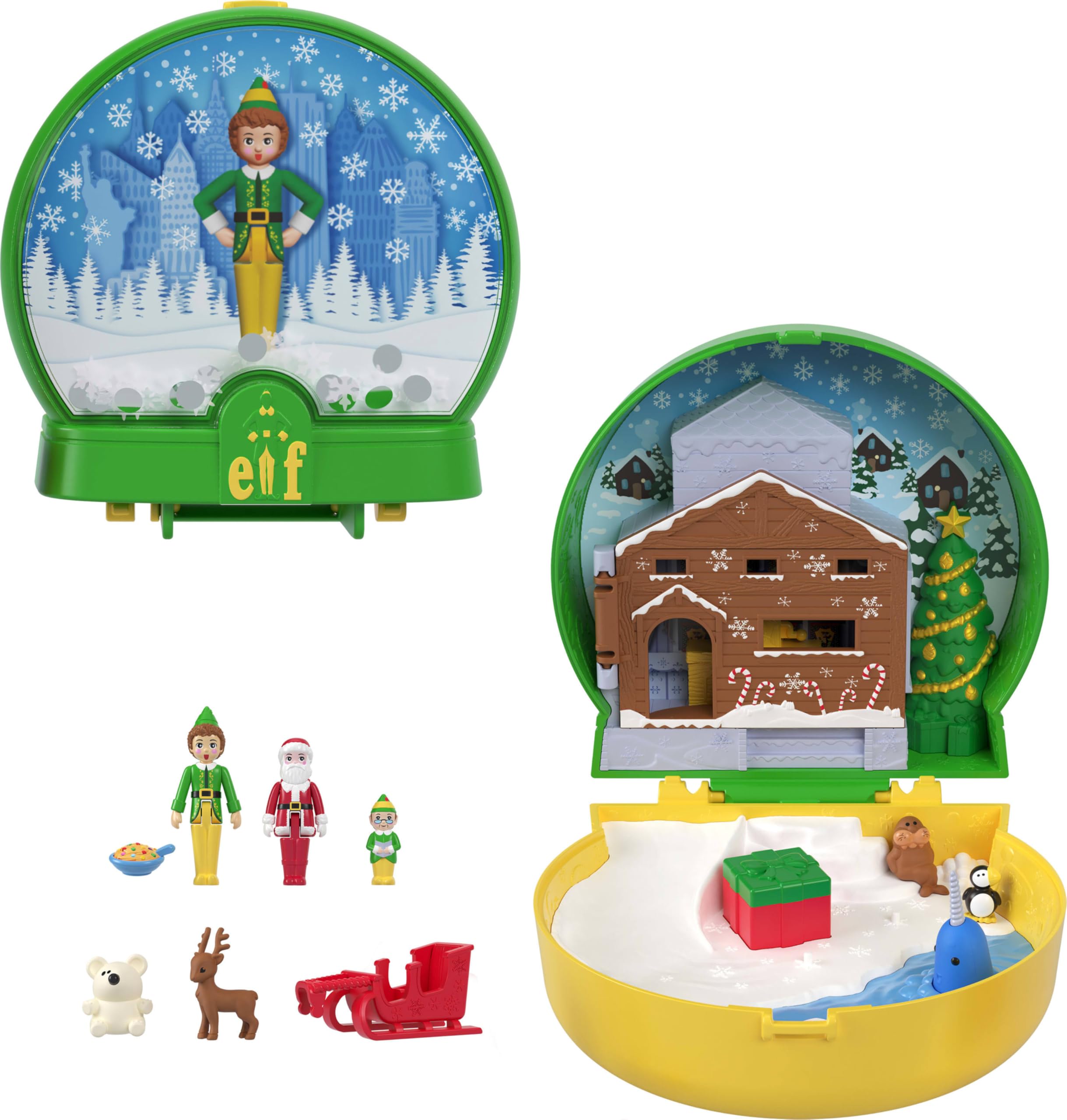 Polly Pocket x Elf Collaboration Compact, micromuñecas y juego temático navideño, 6 accesorios temáticos, figuras de Buddy, Santa y Papa Elf