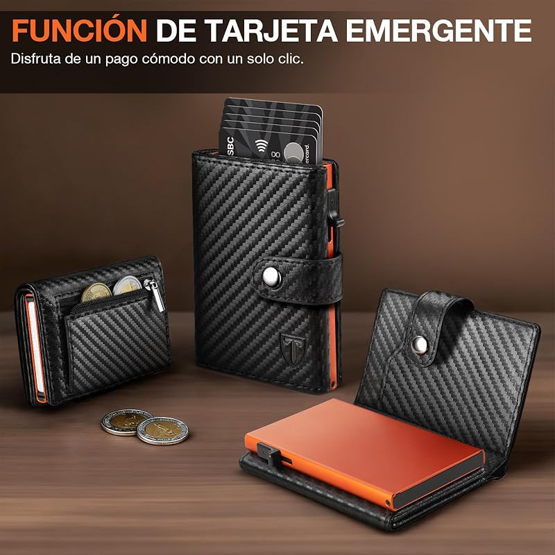 Carteras para Hombre | Tarjetero Cartera Hombre con Monedero & Bloqueo RFID | Tarjeteros para Tarjetas de Credito | Billeteras para Hombre | Regalo Hombre - Fibra de Carbon (Negro-Naranja)
