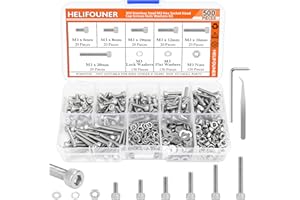 HELIFOUNER 500 Pieces M3 x 6mm /8mm /10mm /12mm /16mm /20mm, Hex Socket Head Cap Metric Screws Bolts Washers Nuts Kit, 304 Stainless Steel