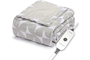Sunbeam Royal Luxe Microplush Heated Throw Electric Blanket, 50" x 60", 4-Hour Auto Shut-Off,Fast Heating, Machine Washable, Warm and Cozy, Grey Geometric