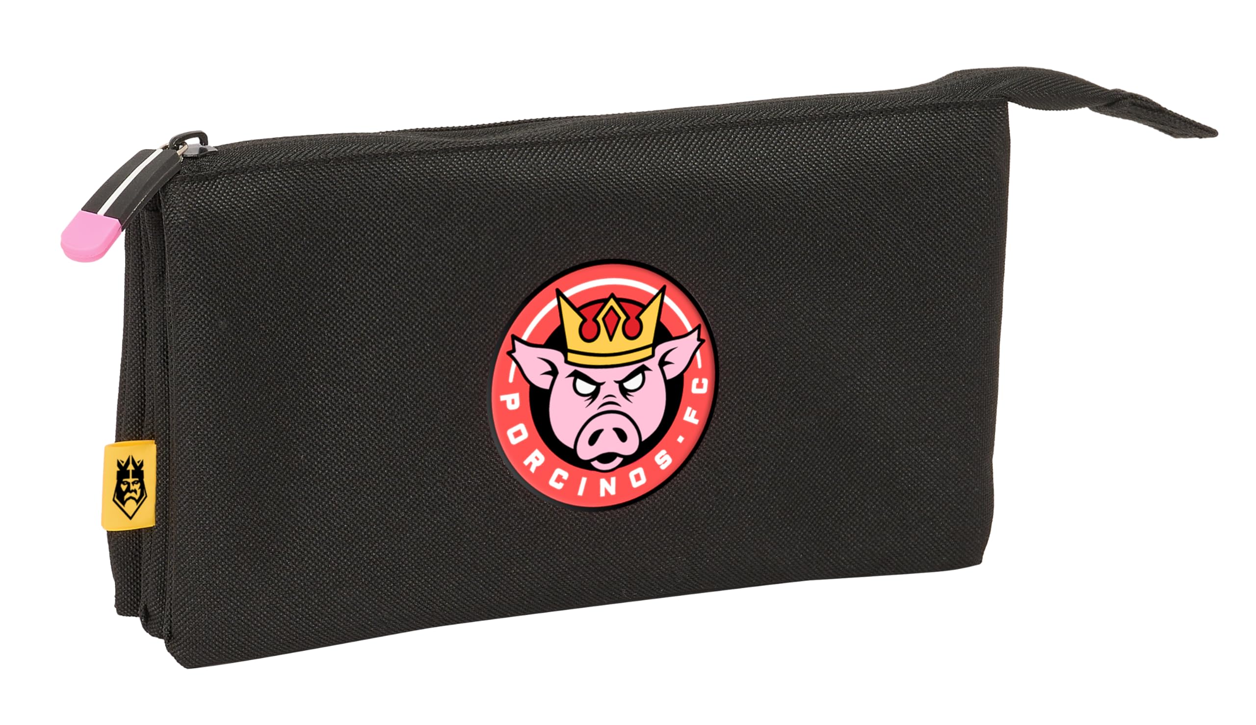 Safta Kings League PORCINOS – Triple Pencil Case, Children's Pencil Case, Ideal for School Children, Comfortable and Versatile, Quality and Resistance, 22 x 3 x 12 cm, Black, Black/White, Estándar,