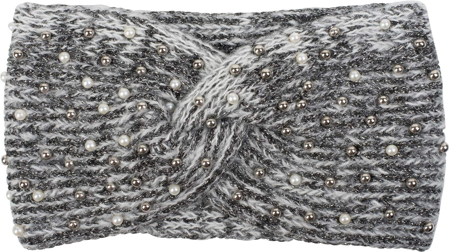 styleBREAKER women knit headband with pearls, metallic yarn and knot, hairband, headband 04026029, color:White-Black