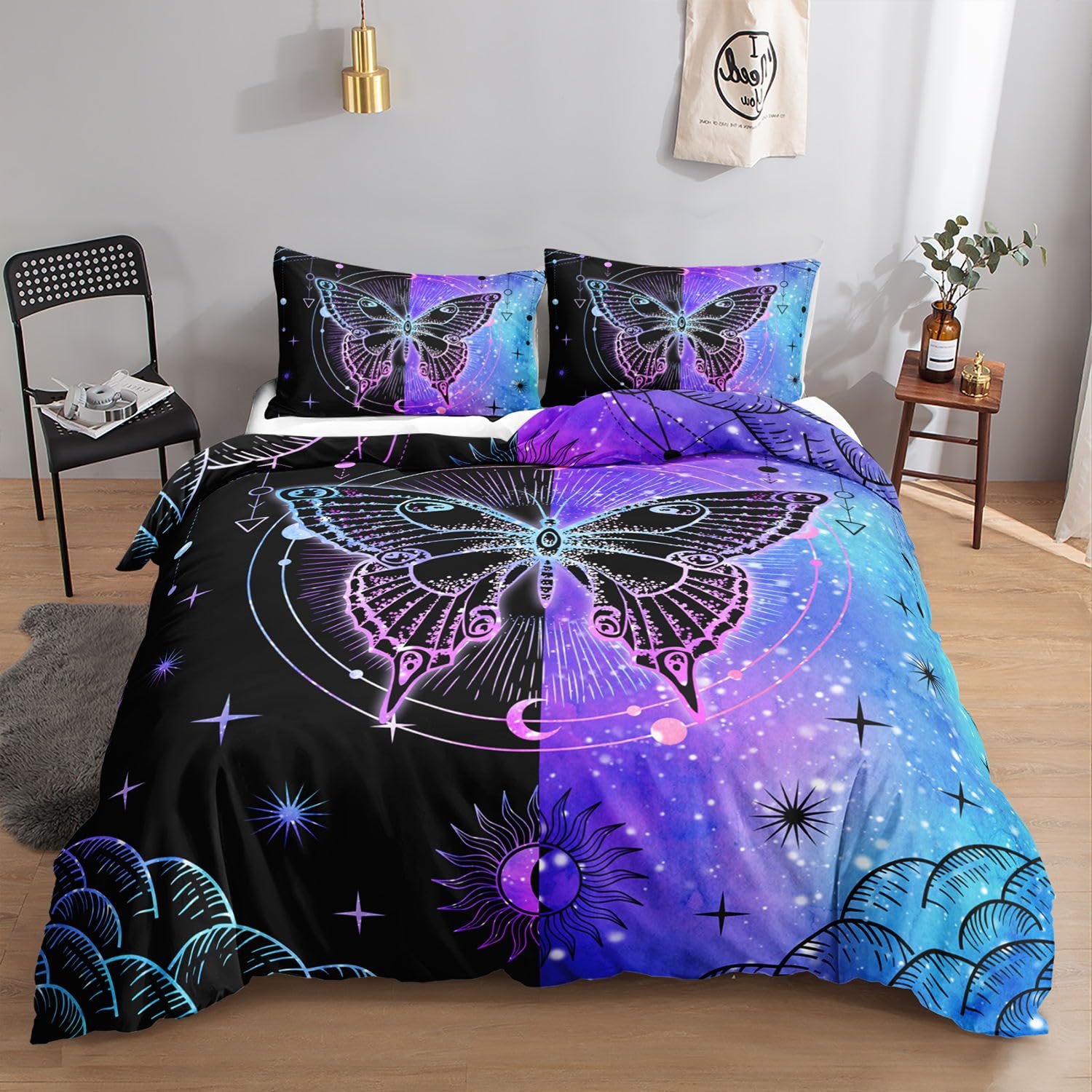 HOSIMA Butterfly Duvet Cover for Kids Boys Girls, 3-Piece Luxurious Soft Microfiber Blue Black Butterfly Bedding Set with Zipper, Durable Duvet Cover Set, Easy Care (Blue Black Butterfly King)
