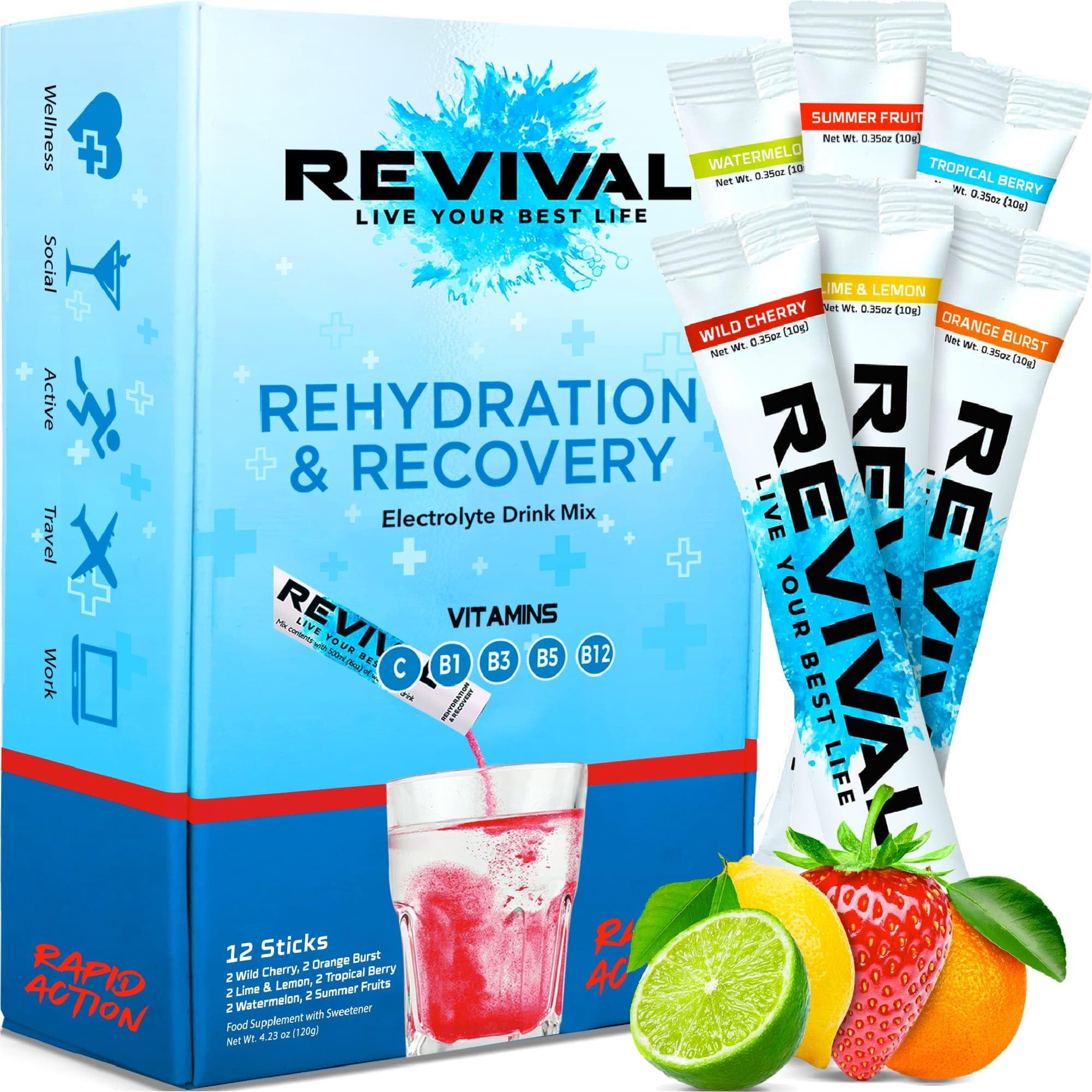 Revival Rapid Rehydration Sachets Electrolytes Powder High Strength Vitamin C, B1, B3, B5, B12 Supplement Sachet Energy Drink, Effervescent Electrolyte Hydration Tablets 12 Pack Assorted Flavours