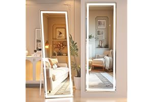 Hasipu Full Length Mirror with Lights, 56" x 15.8" LED Floor Mirror, Full Body Dressing Standing, Hanging Mounted Mirror for Living Room Bedroom Cloakroom, Square White