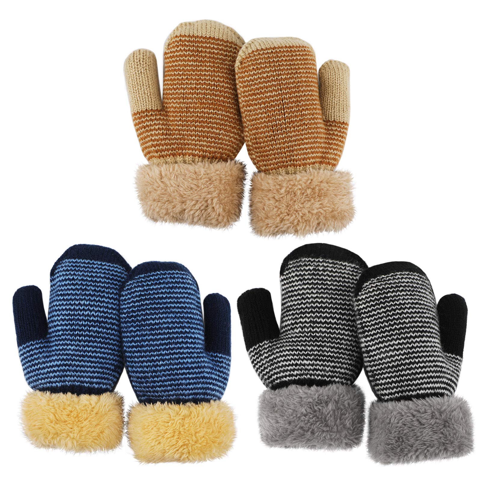 QKURT 3 Pairs Toddler Mittens, Full Finger Winter Warm Kids Gloves Lined Fleece Thermal Mittens for 1~3 Years Old Baby Girls Boys