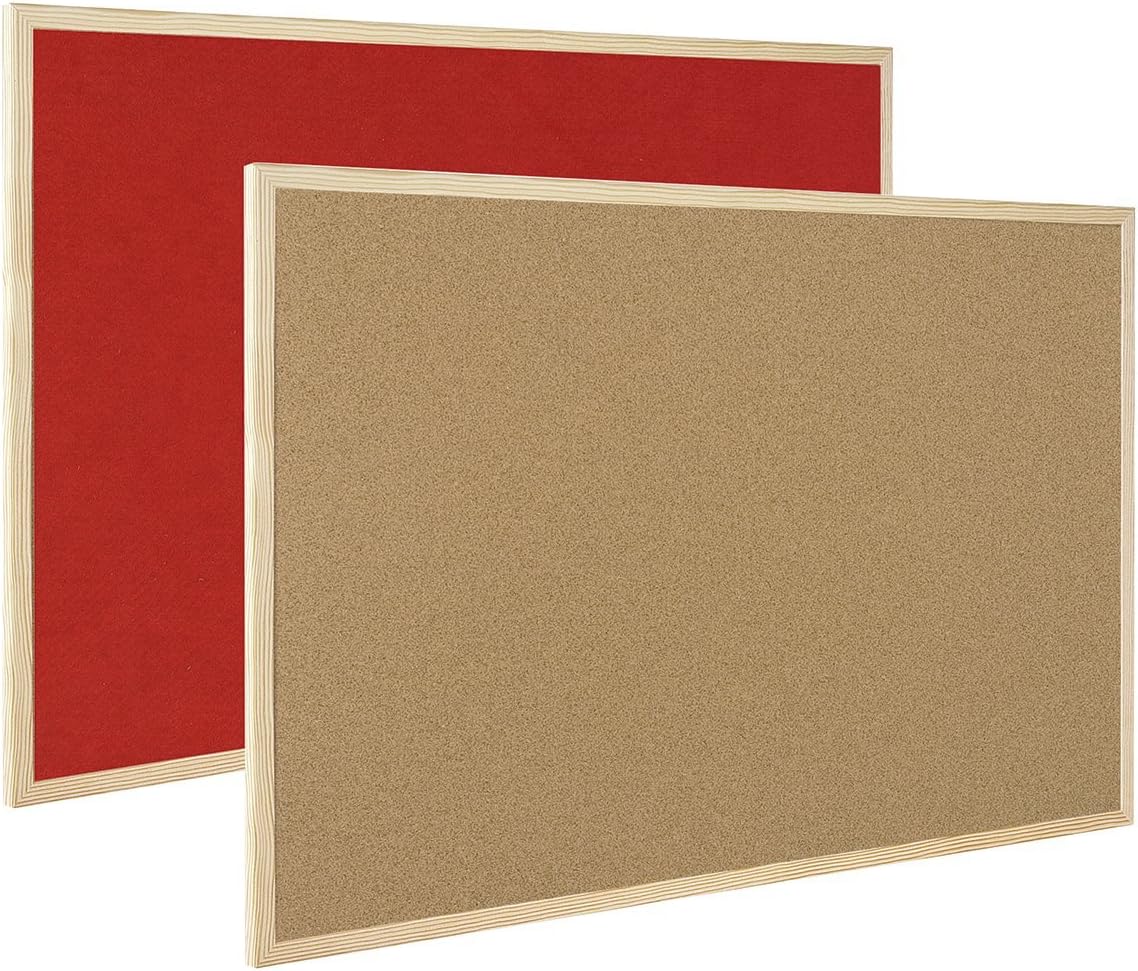 BiOffice Reversible Notice Board, Cork and Red Felt, Wood Frame, 60 x
