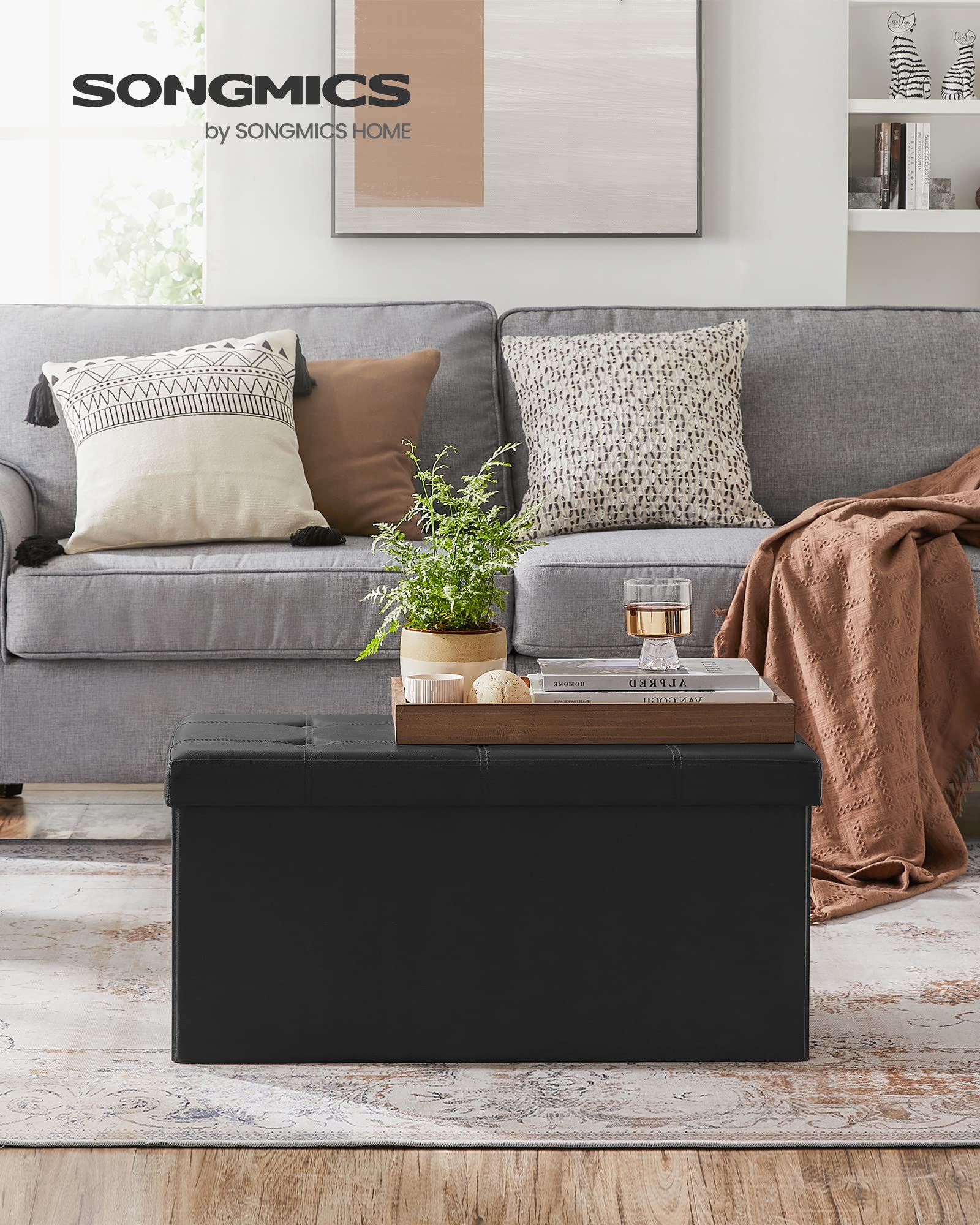 SONGMICS MAZIE Collection-30 Inches Folding Bench Ottoman with Storage, Foot Rest Stool, Load 660 lb, for Living Room, Synthetic Leather, Black ULSF105, 15