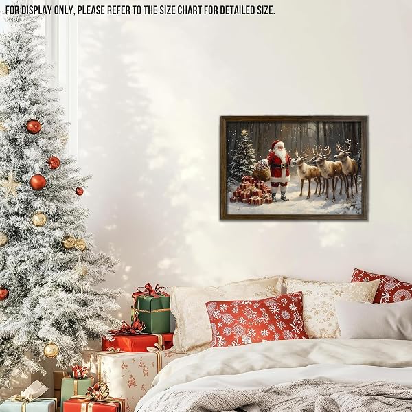KVTM CHRISTMAS CANVAS FRAMED WALL ART, VINTAGE SANTA CLAUS PICTURES HOLIDAY SNOWY FOREST PAINTING, FESTIVE SANTA AND REINDEER PRINTS ARTWORK DECOR LARGE CANVAS FOR LIVING ROOM BEDROOM, 20X30 INCHES