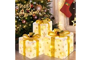 Set of 3 Christmas Lighted Gift Boxes, Plush Pre-lit 70 LED Light Up Present Boxes with Gold Snowflake, Battery Operated Christmas Decorations for Indoor Home, Housen Solutions