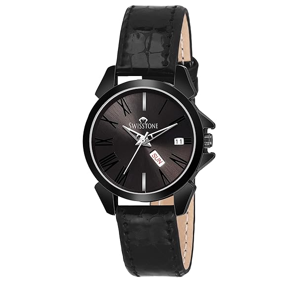 SWISSTONE BK345-Black Black Leather Strap Wrist Watch for Women