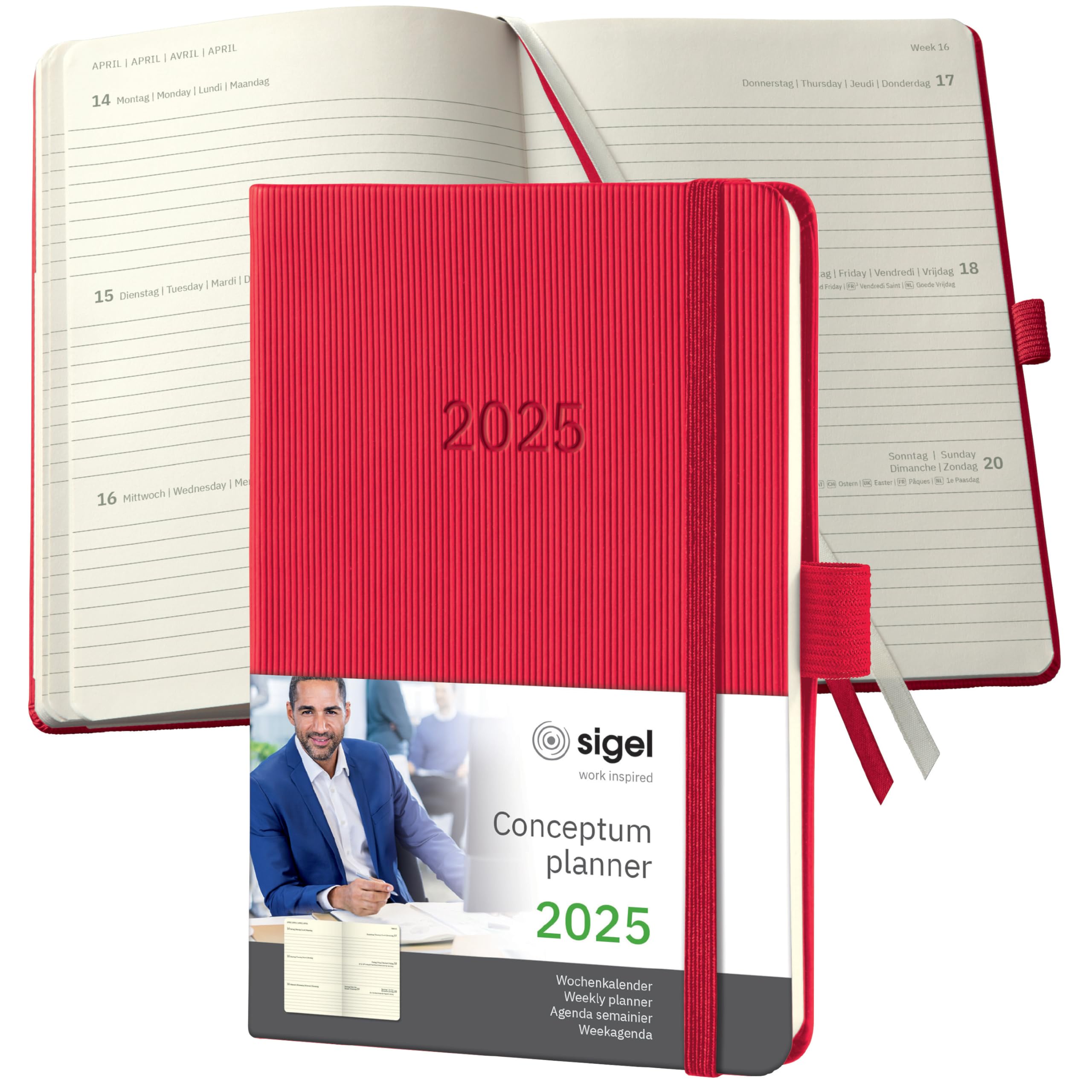 SIGEL C2565 Conceptum Weekly Planner 2025, Approx. A6, red, hardcover, 2 Pages = 1 Week, 176 Pages