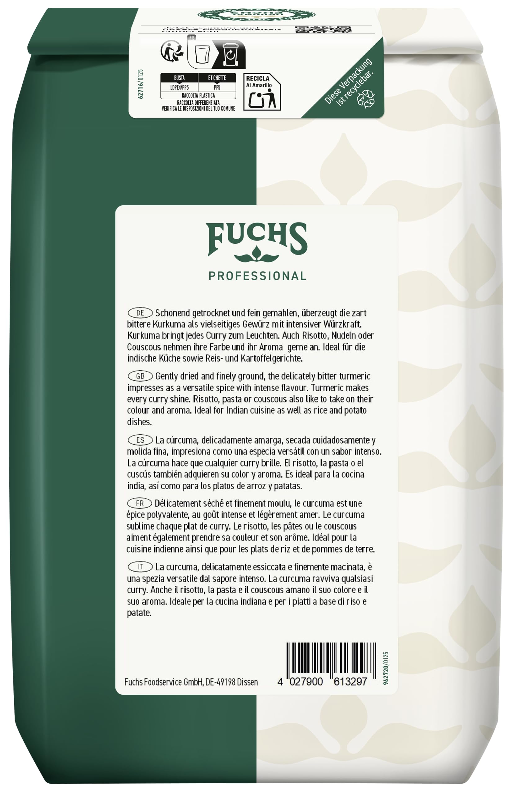 Fuchs Professional - Kurkuma gemahlen | Für Gerichte der indischen Küche und Reis- und Kartoffelgerichte | Profi-Qualität für Großverbraucher und Gastronomie | 1 kg Beutel 2