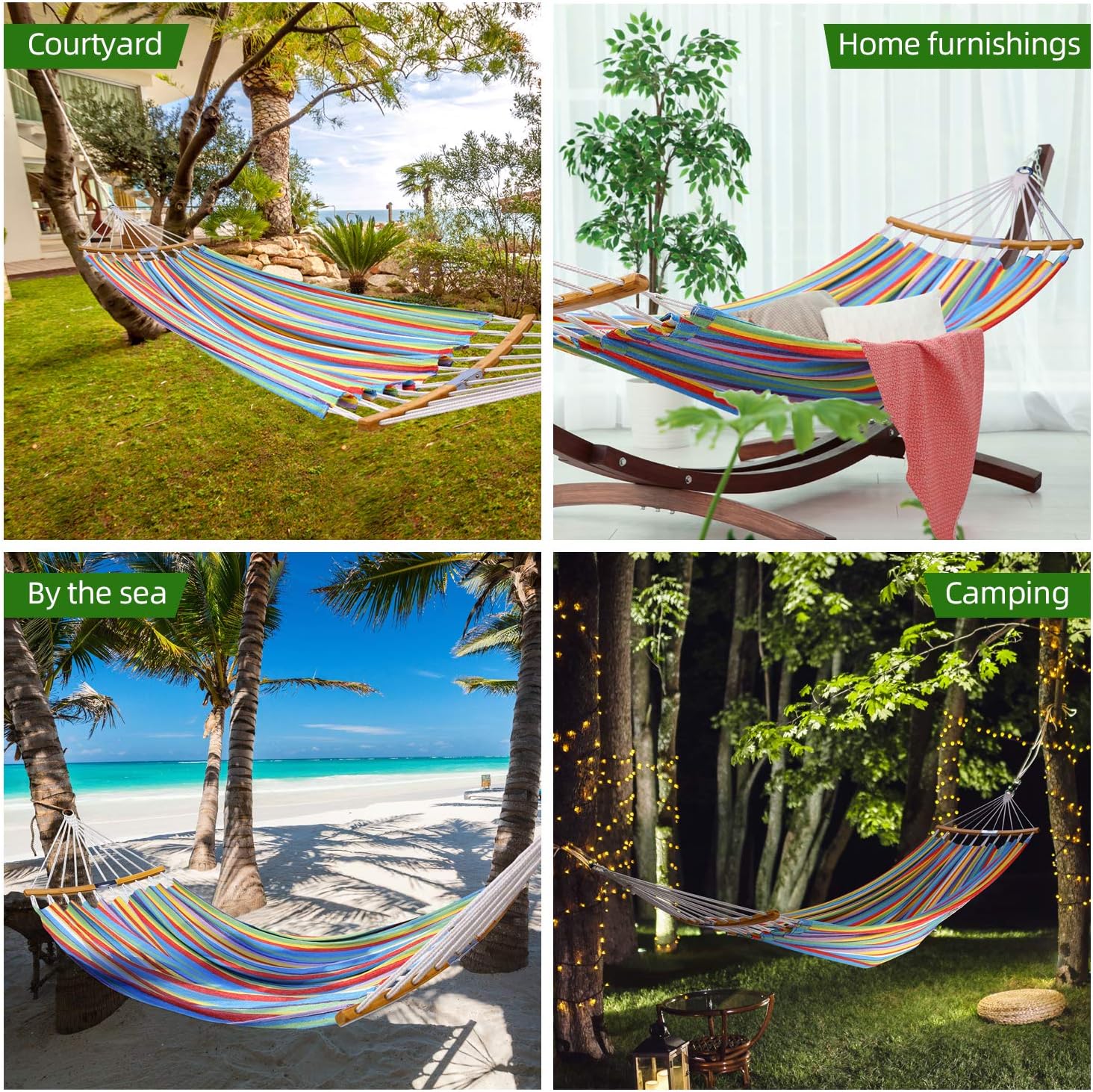 Double Hammock Swing with Tree Straps, Ohuhu Folding Curved-Bar Design 2020 Upgraded Space-Saving Bamboo Hammock with Carrying Bag, Portable Hammock for Patio, Backyard, Camping, Beach, Colorful Stripe : Garden & Outdoor