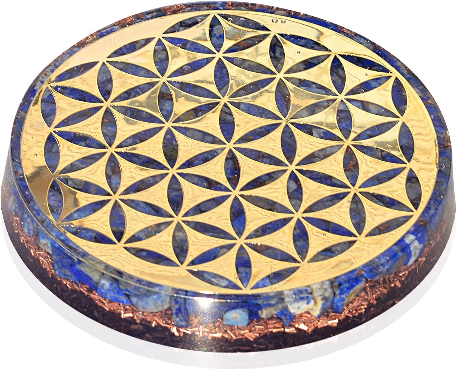 Mixed Media - Orgonite Crystal Water Charging Plate with Lapis Lazuli Healing Crystals and Flower of Life –Chakra Healing Orgone Water Plate for Spiritual Protection and Cleansing (90mm)
