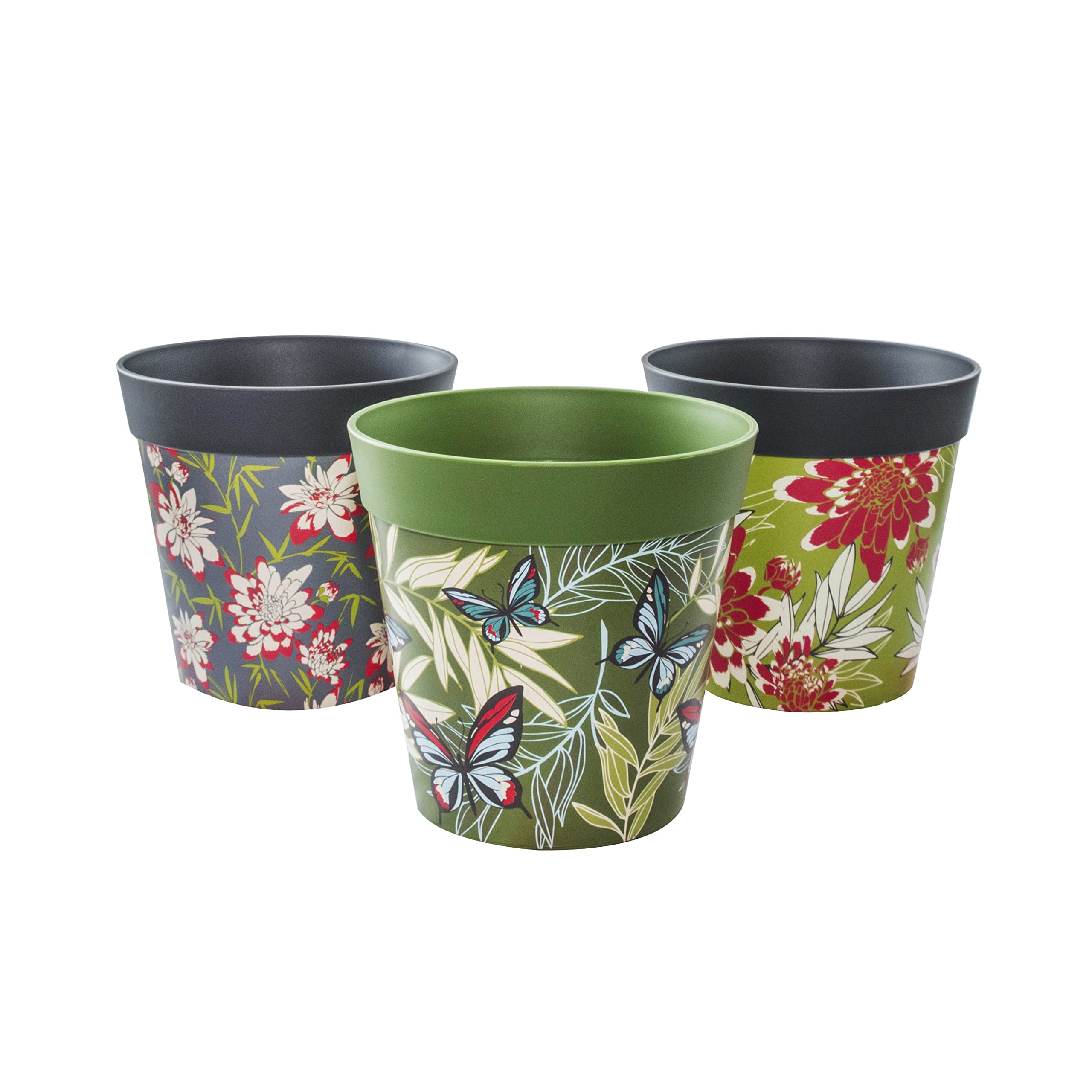 Hum Flowerpots, 15cm Set of 3, Various Patterns Colours and Sizes, Indoor/Outdoor Plastic Plant Pots, Green, Grey