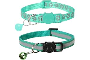 BANMODER 2 Pack Reflective Cat Collar Breakaway with Bell,Personalized Kitten Collars,Adjustable Safety Buckle Collar for Male Cats Girls & Boys (Dark Green)