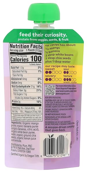PLUM ORGANICS ORGANIC MIGHTY MANGO BANANA BEAN SUNBUTTER CHIA, 4 OZ