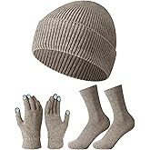 Croloose 3 Pcs 100% Wool Winter Hat Gloves Socks Set for Women Men Thermal Knit Beanie Wool Touchscreen Gloves Warm Socks Winter Warmer Gifts for Women Cold Weather Outdoor Sports