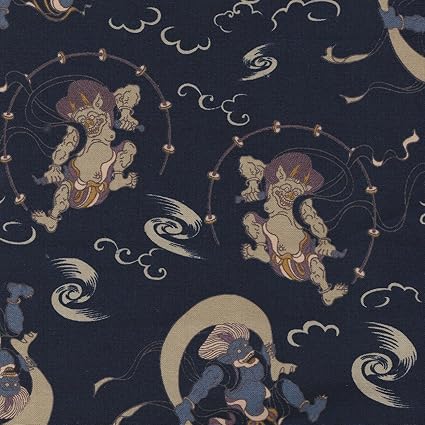 Amazon 定番 和柄 和調プリント 風神雷神 4色あります 1m単位で切り売りいたします 紺色 こんいろ 布 生地 通販