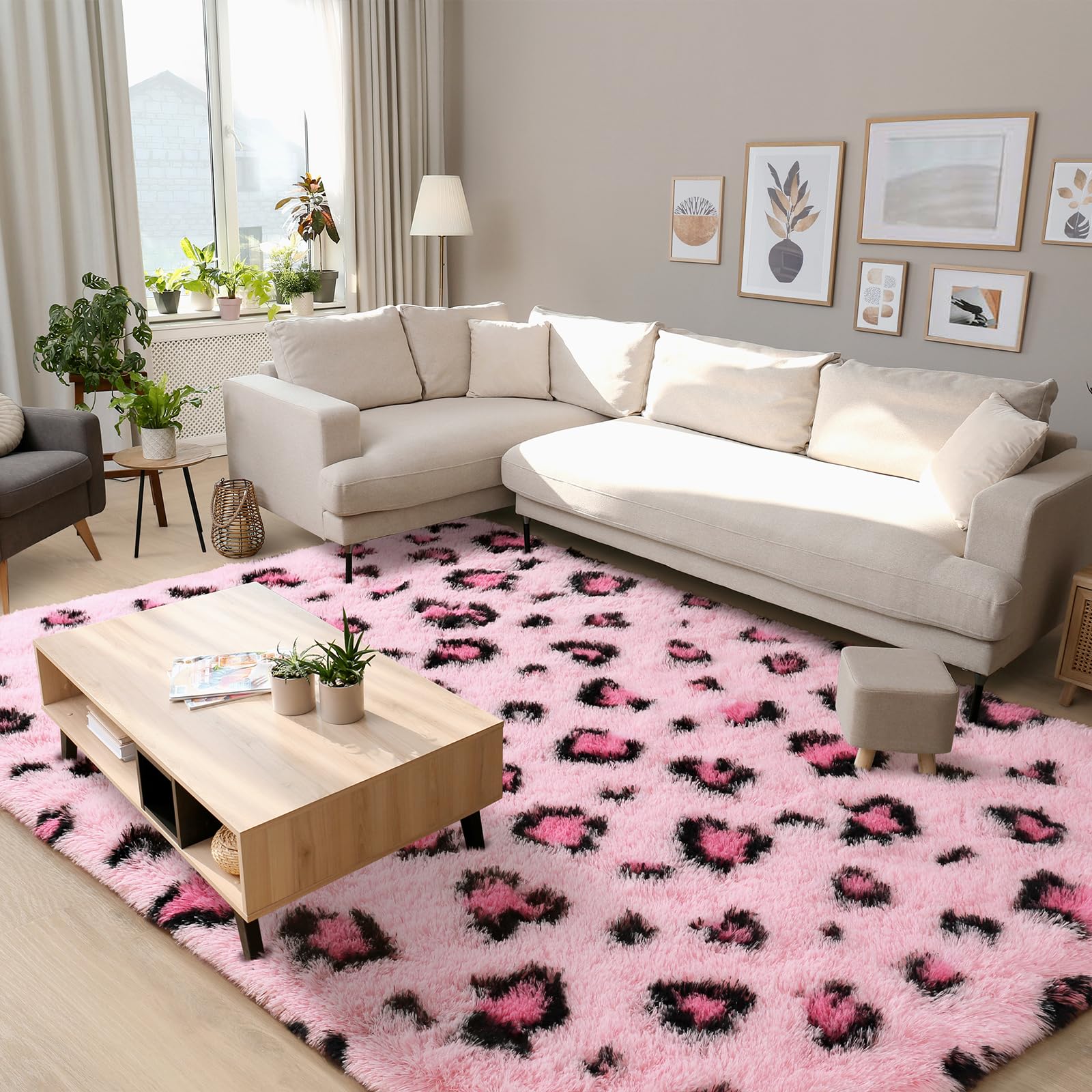 Photo 1 of Living Room Area Rug - 6x9 Kids Room Fluffy Bedroom Pink Leopard/Cheetah Print Fuzzy Nursery Rug for Girls & Boys - Modern Faux Fur Washable Carpet